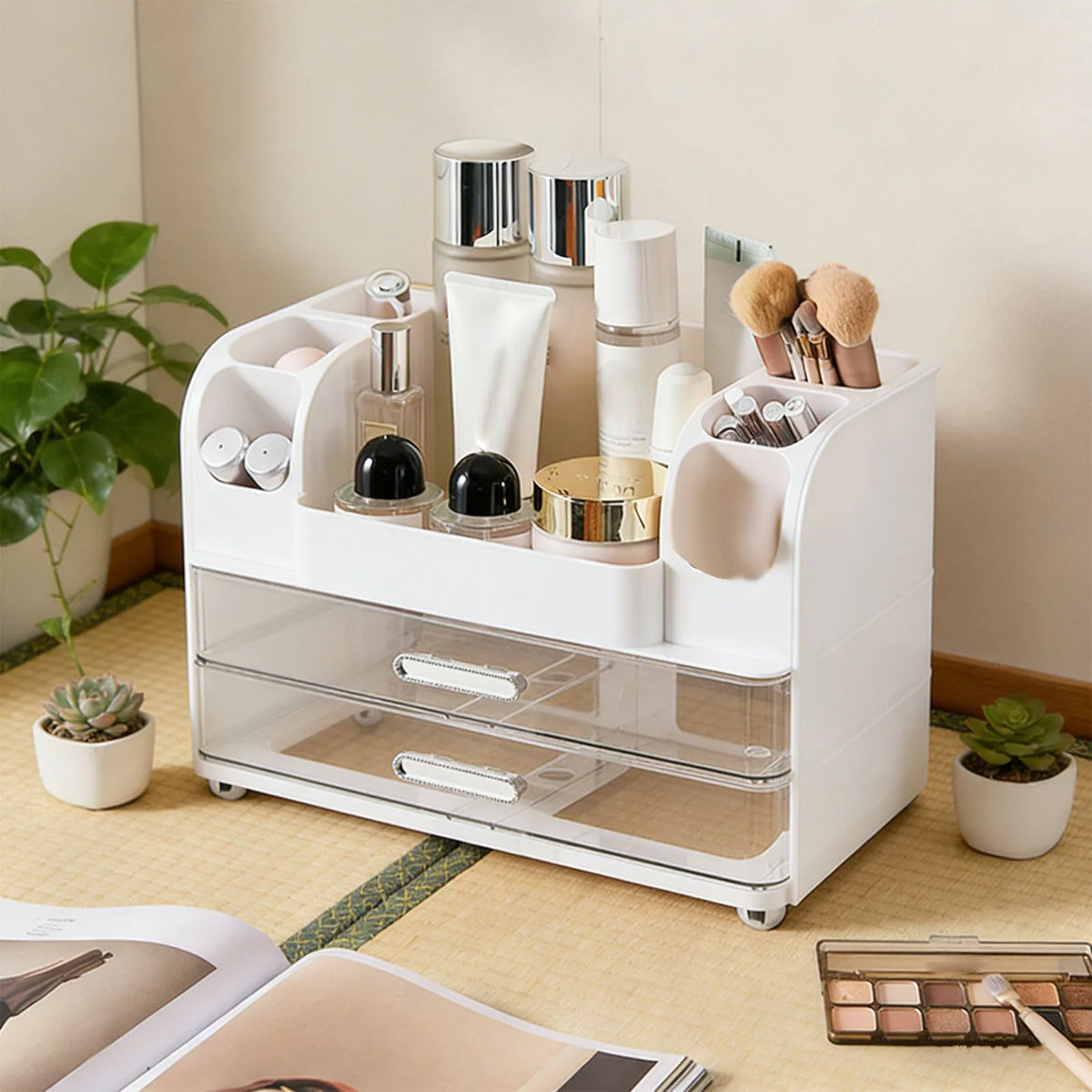 Makeup Organiser with 2 Drawers 34x24x18.5cm Countertop Display Case with 6 Compartments and Brush Holder White