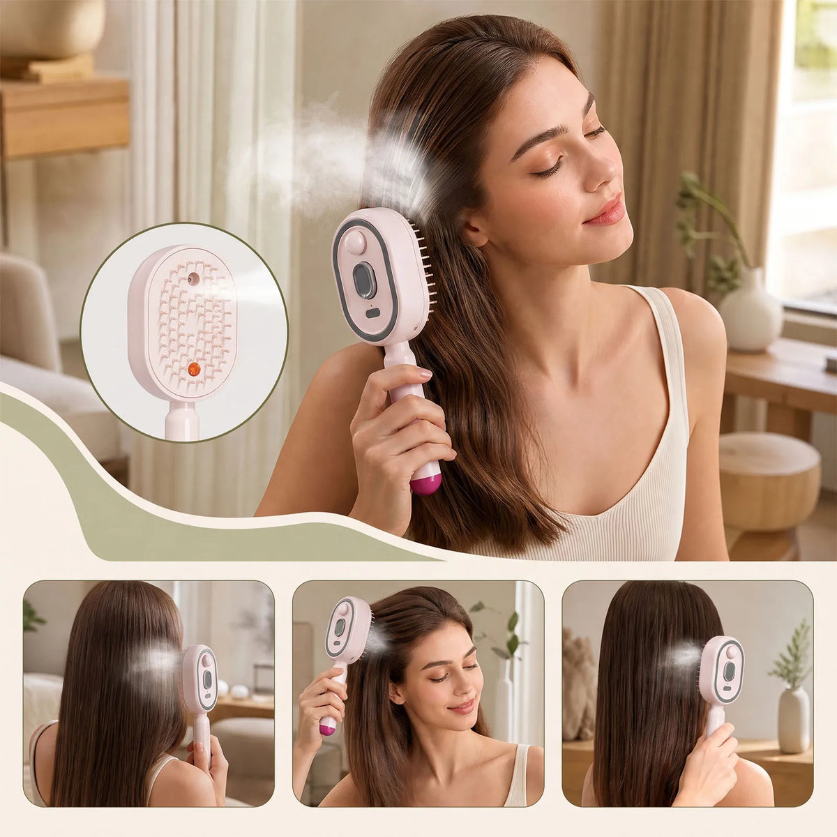 Electric Spray Massage Comb with 10ml Mist Tank, Self-Cleaning Anti-Tangle Hair Brush, Pink
