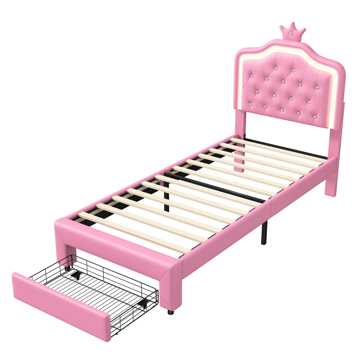 3FT Single Bed Frame 90 x 190cm, Pink PU Upholstered Princess Bed with LED Light, Adjustable Crown Headboard & Storage Drawer, Kids Bedroom, Mattress Not Included