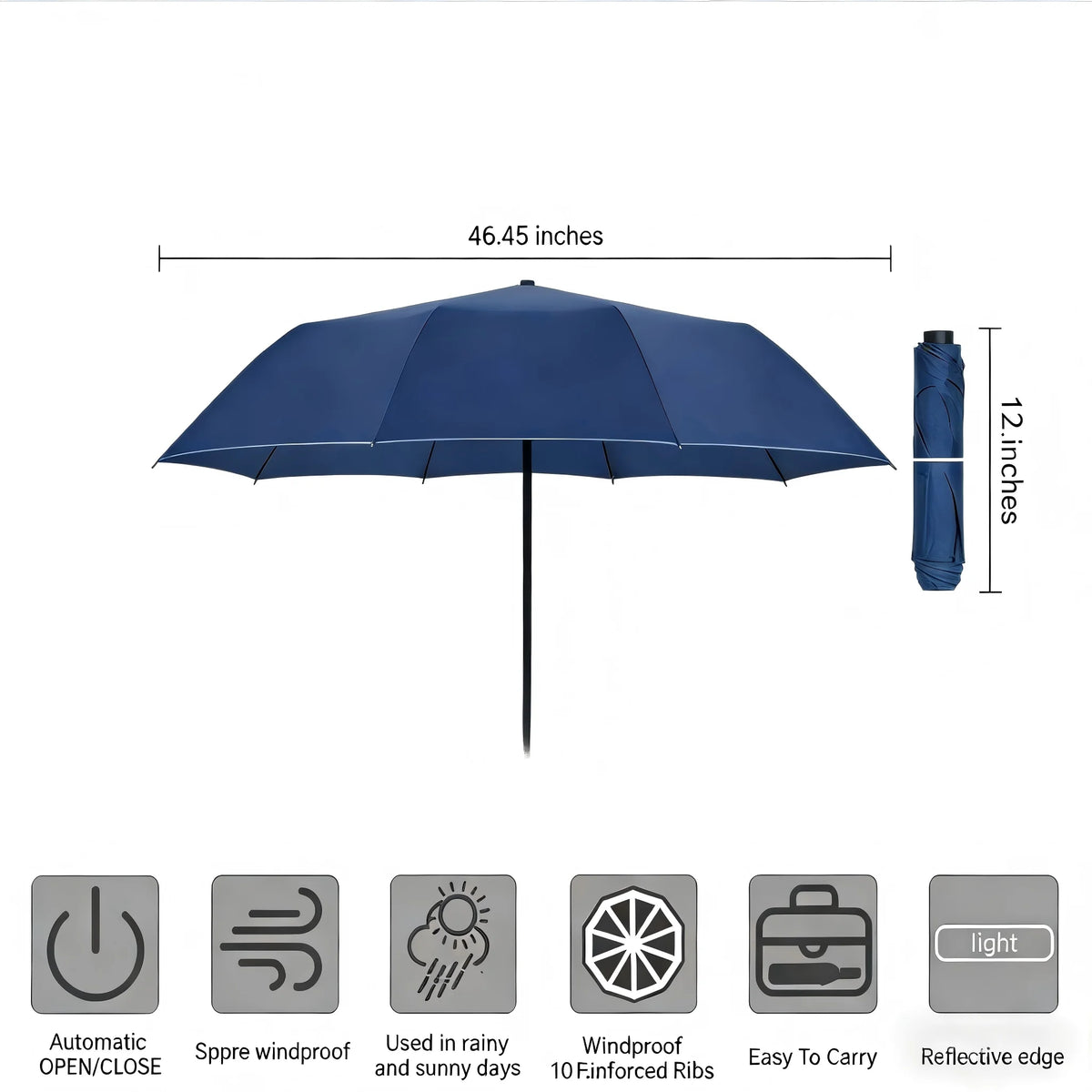 Compact Windproof Travel Umbrella with Auto Open and Close, 9 Fibreglass Ribs