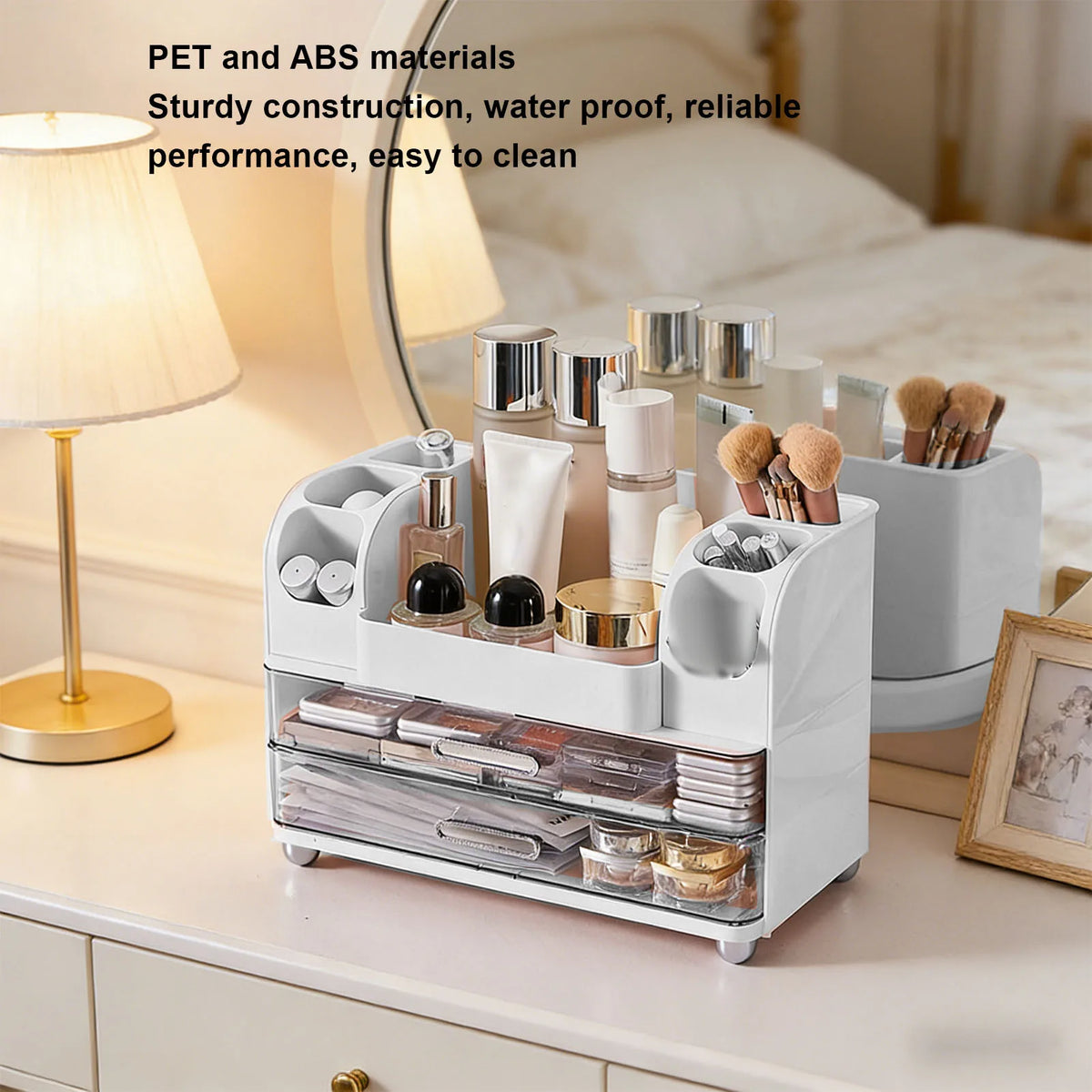 Makeup Organiser with 2 Drawers 34x24x18.5cm Countertop Display Case with 6 Compartments and Brush Holder White