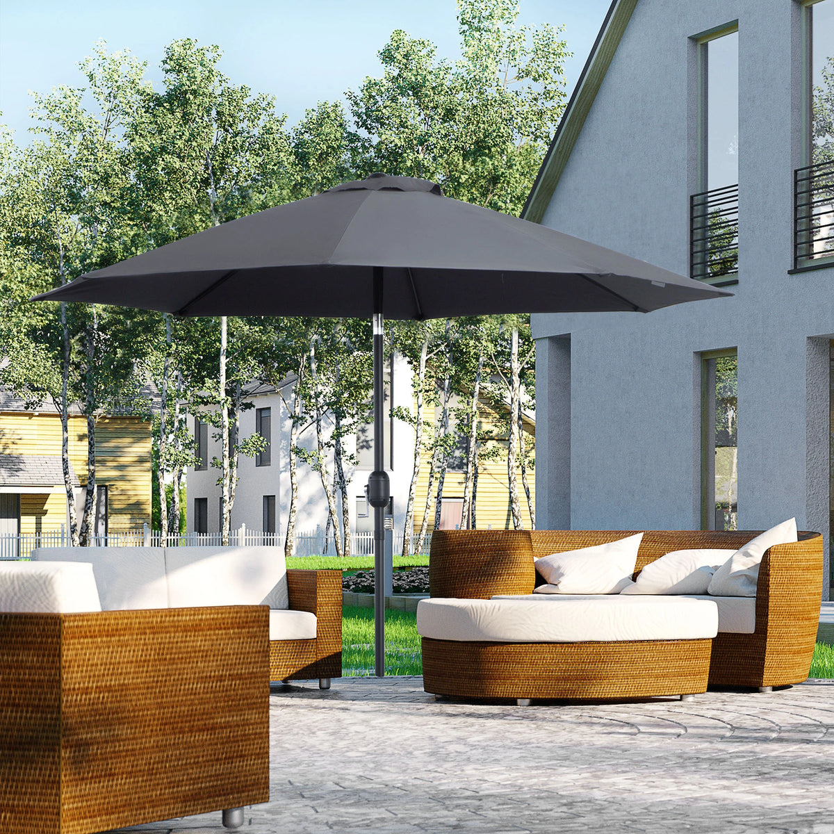 Garden Parasol, 2.7M Patio Sun Umbrella, Tilt Shade Shelter Canopy with Aluminium Frame, Charcoal Grey