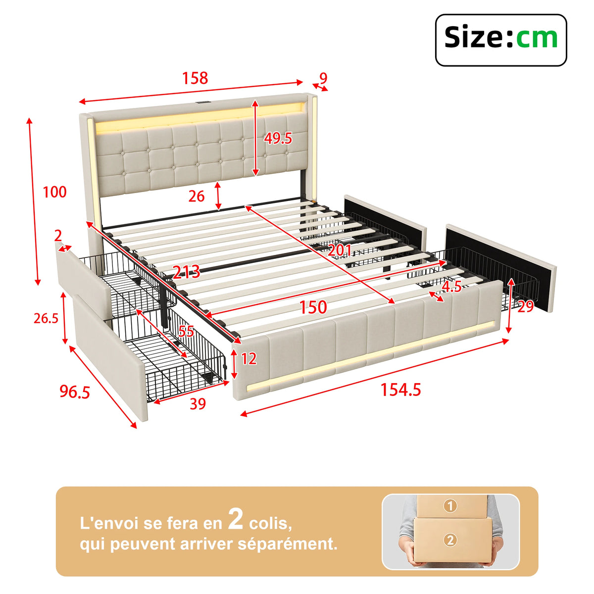 King Size Bed Frame 150x200cm with LED Lighting, 4 Storage Drawers & USB Charging, Dark Grey or Beige