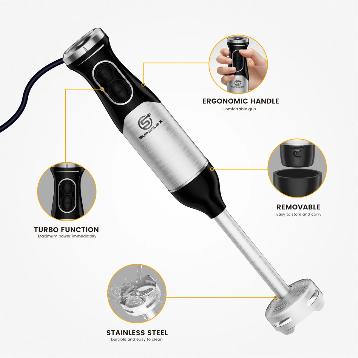 600W Stainless Steel Immersion Hand Blender with 304 Sharp Blades 2 Speed Settings Turbo Mode and Non-Slip Grip for Kitchen Use