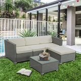 5 Piece Rattan Garden Sofa Set with Glass Coffee Table Thick Cushions and Corner Stool for Garden Conservatory and Patio