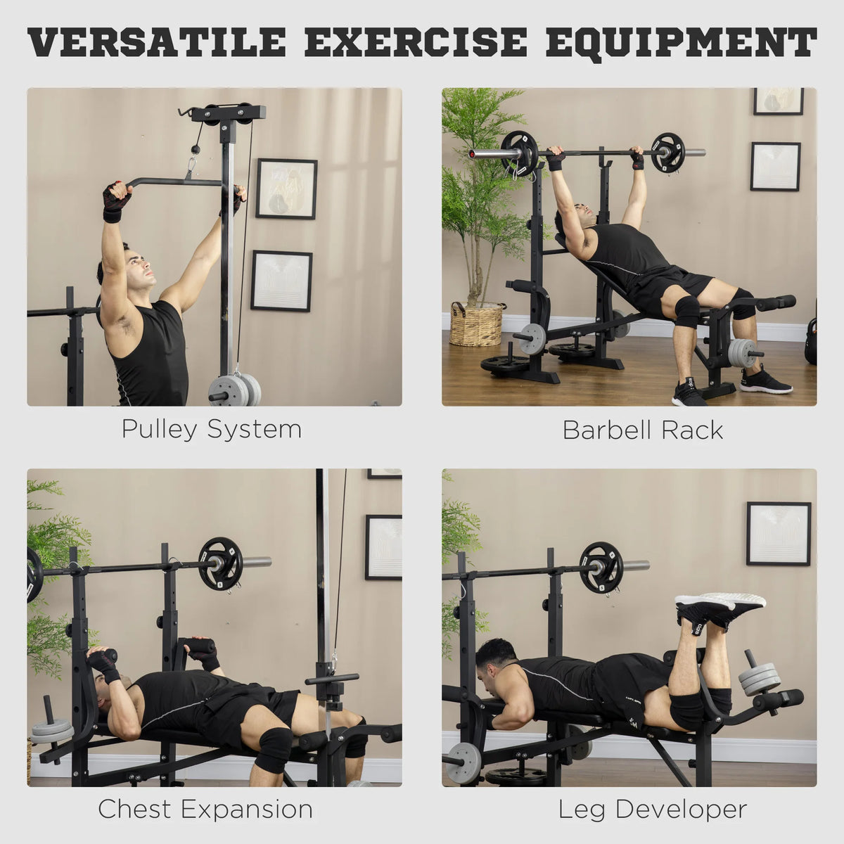 Adjustable Weight Bench with Pulley System and Squat Rack, Multi-Station Home Gym Bench