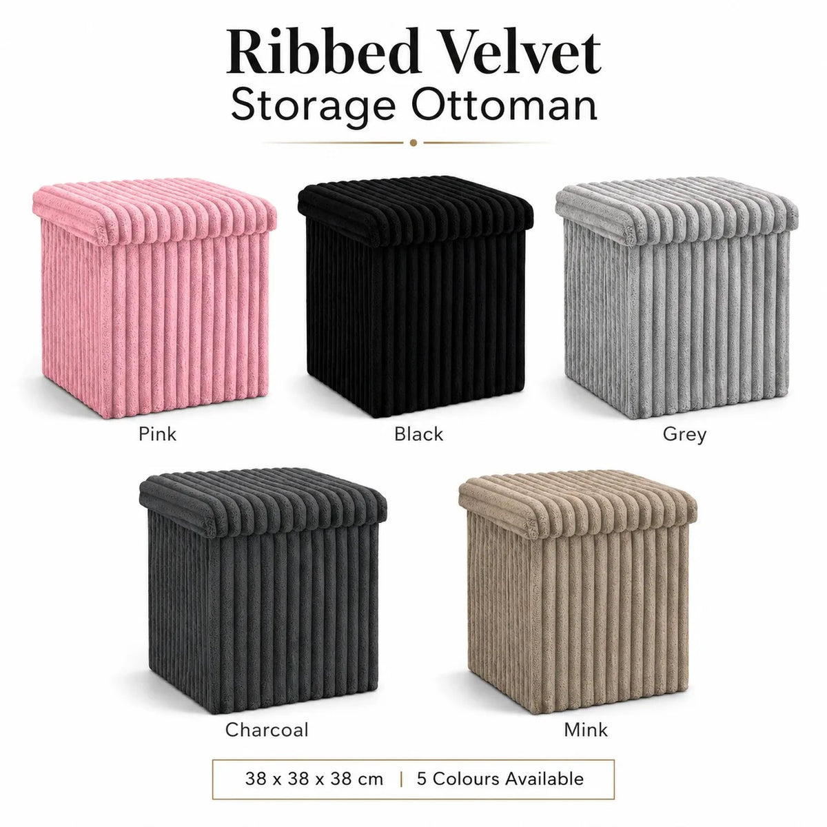 Ribbed Velvet Storage Ottoman 38x38x38cm Foldable Bench with Lid Engineered Wood Frame Footstool Seat