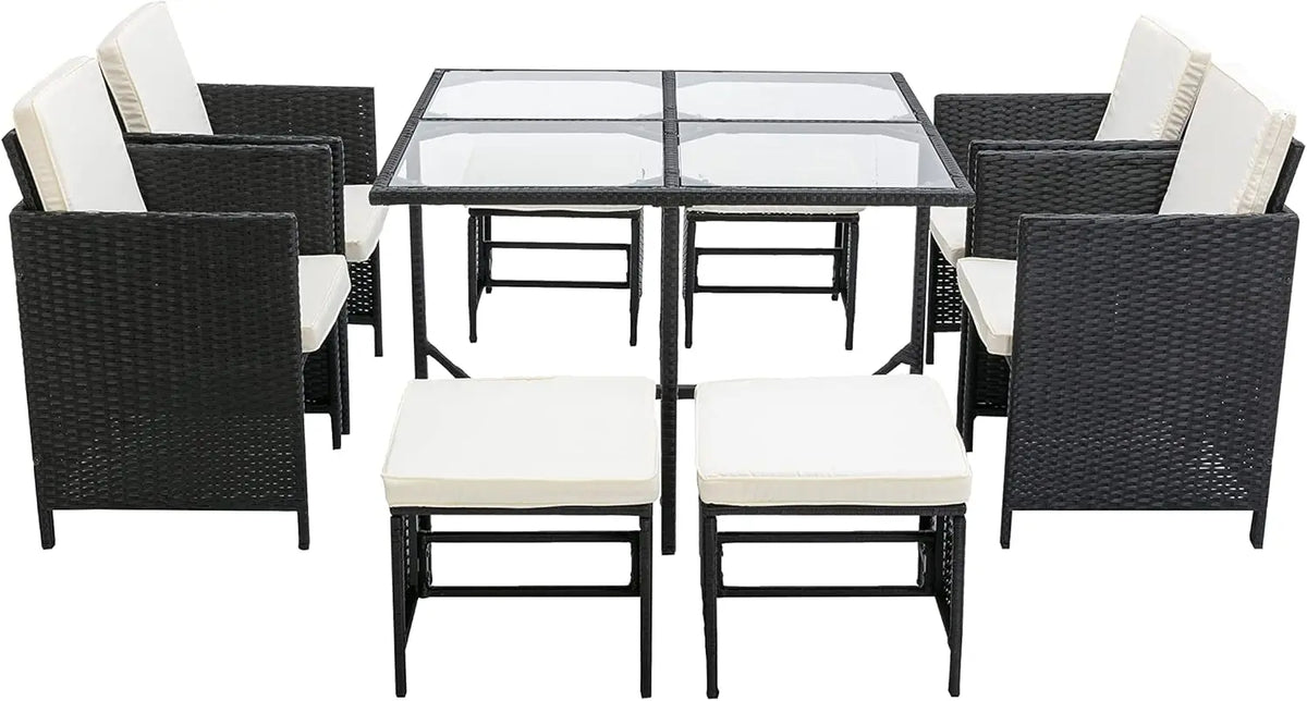 9-Piece Rattan Garden Furniture Set with Glass Table and Cushions - 8 Seater Outdoor Chair and Table Set