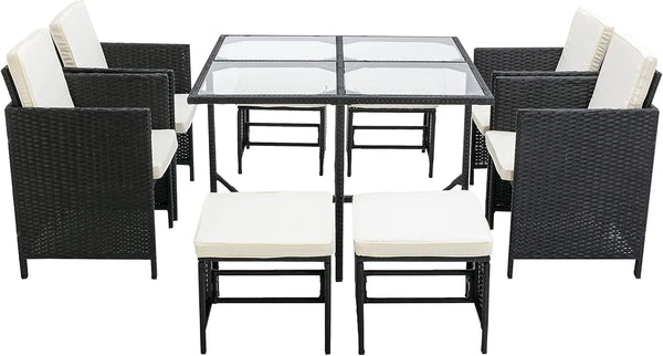 9-Piece Rattan Garden Furniture Set with Glass Table and Cushions - 8 Seater Outdoor Chair and Table Set