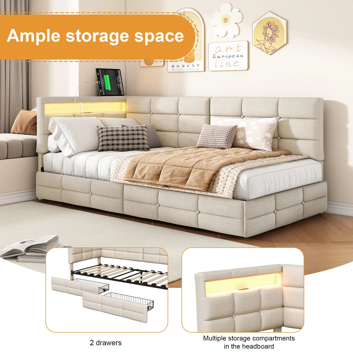 L-Shape Corner Ottoman Bed 90 x 190cm, Daybed with LED Lighting, 2 Storage Drawers & Charging Station, 3ft Upholstered Sofa Bed Frame, Linen, Beige, No Mattress