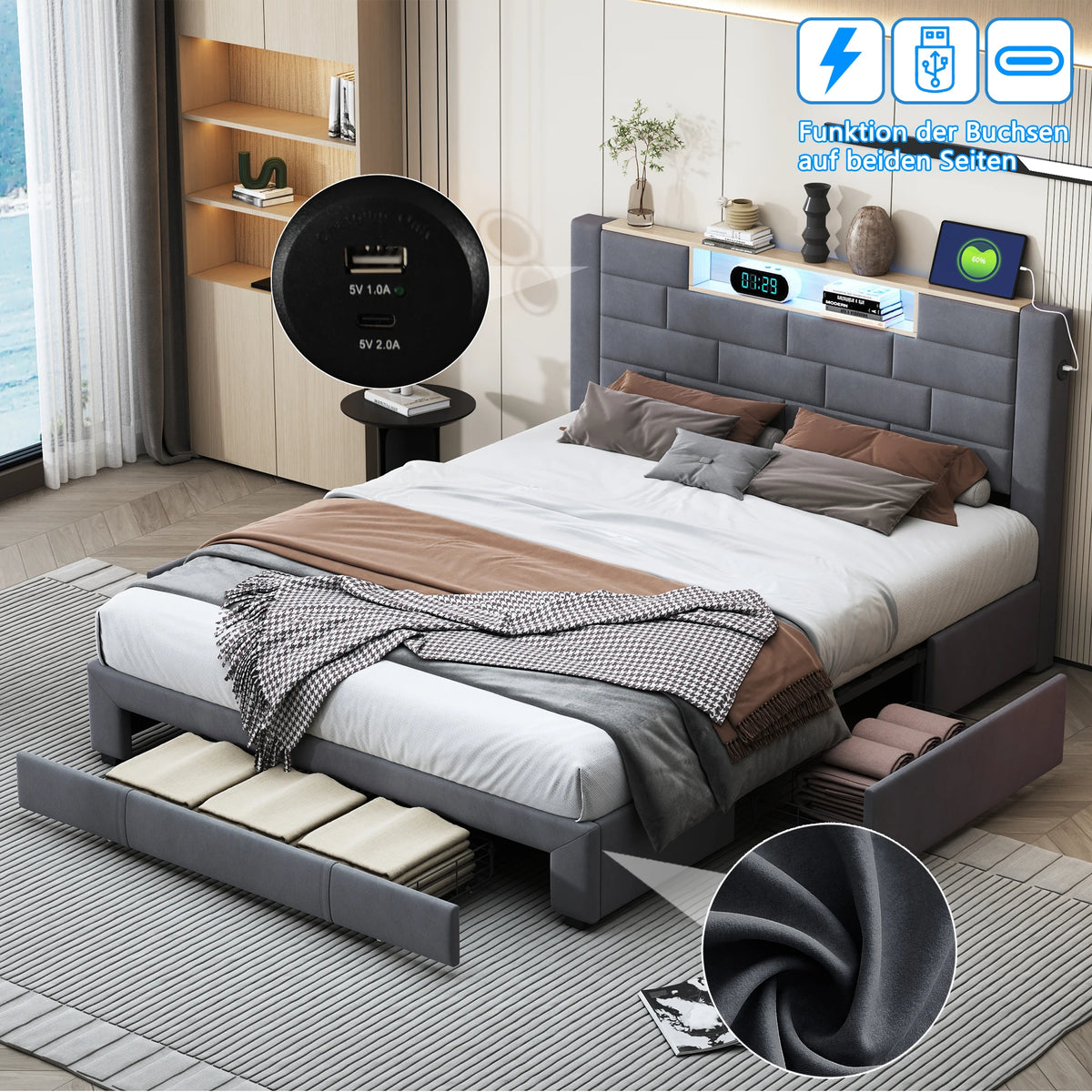 King Size 5ft Bed Frame with 4 Storage Drawers, LED & USB Headboard, Grey Velvet
