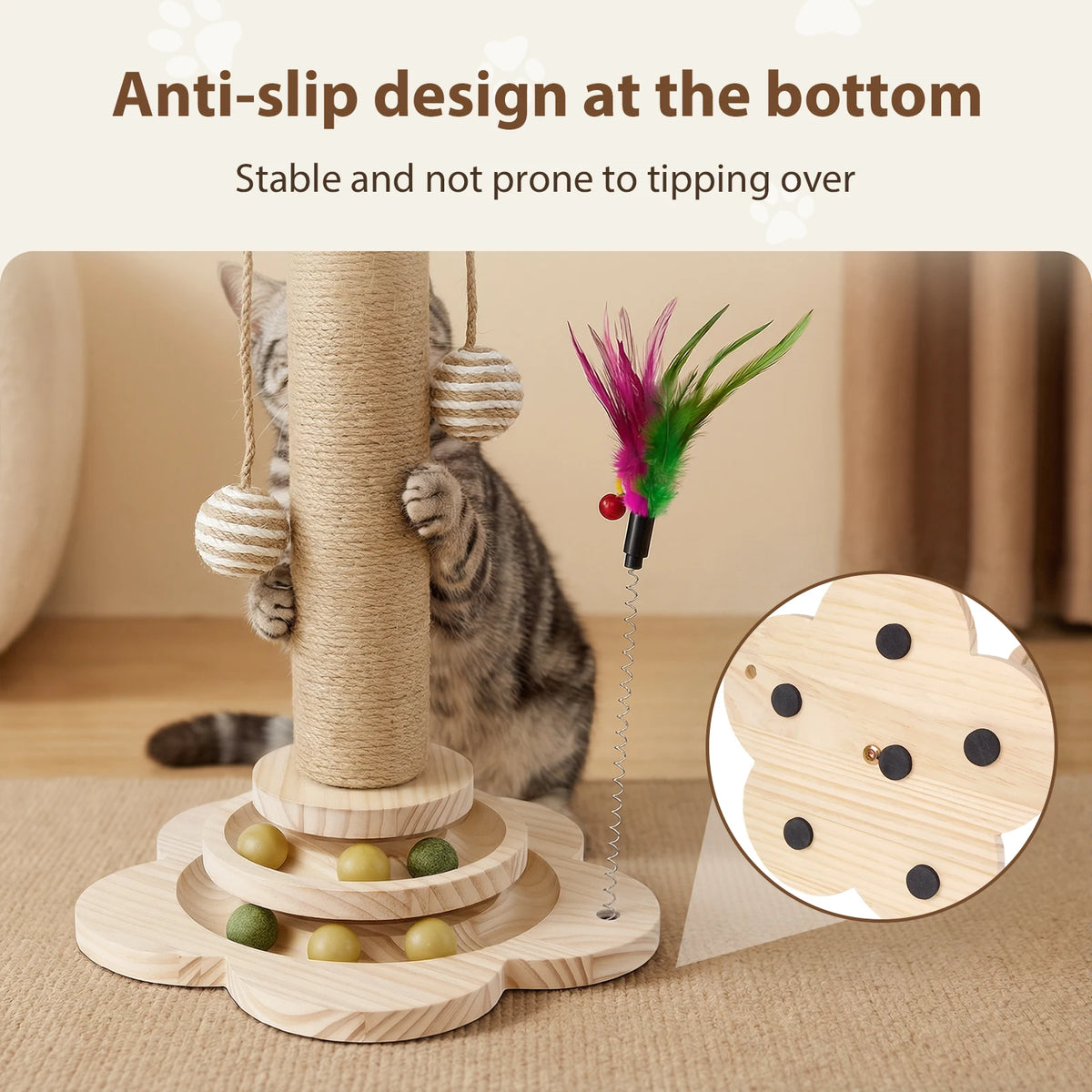 Cat Scratching Post 46cm with Natural Sisal Track Ball Spring Feather and Play Platform Pine Wood