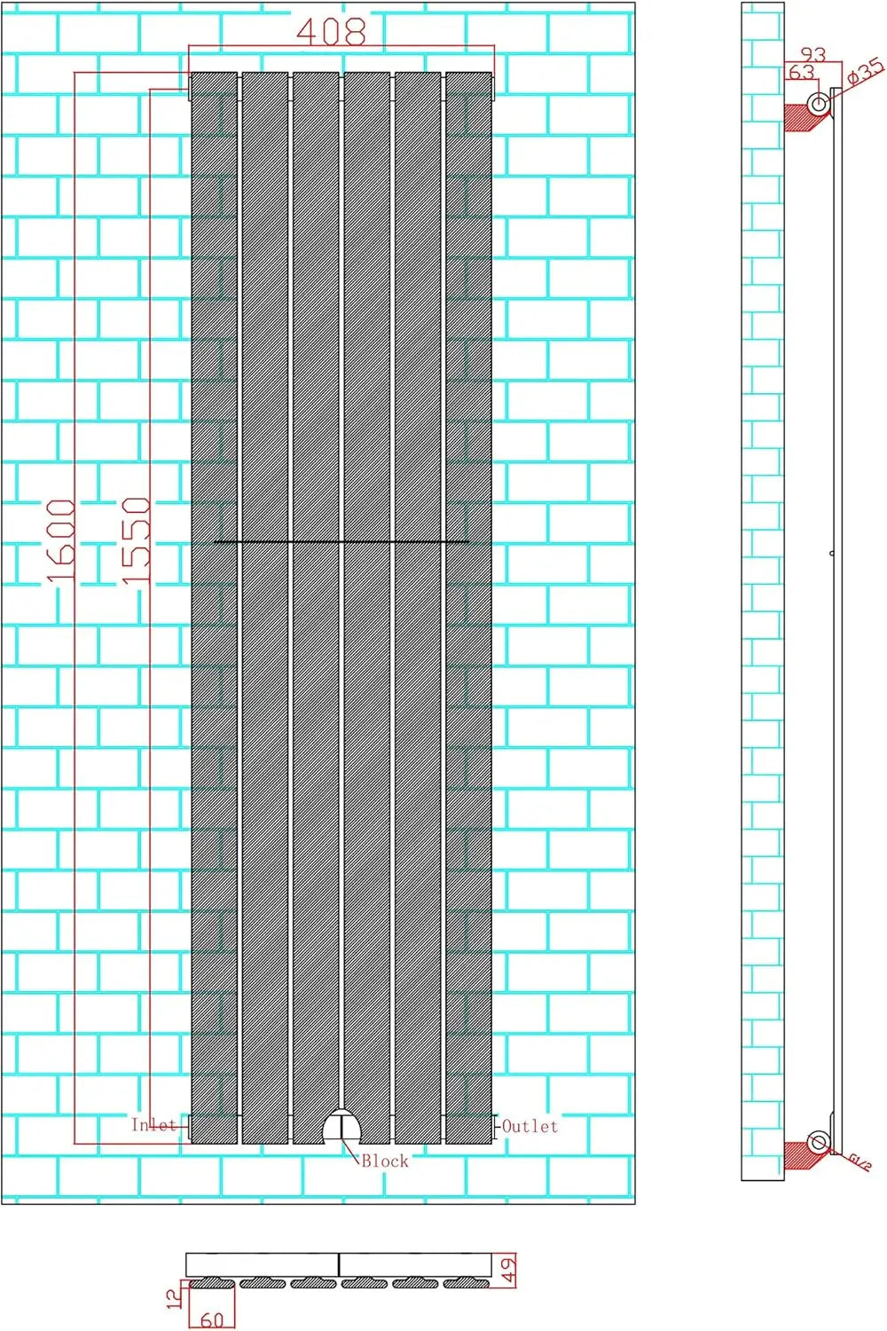 Designer Flat Panel Radiator 1600 x 408mm, Single Panel Vertical Central Heating Radiator