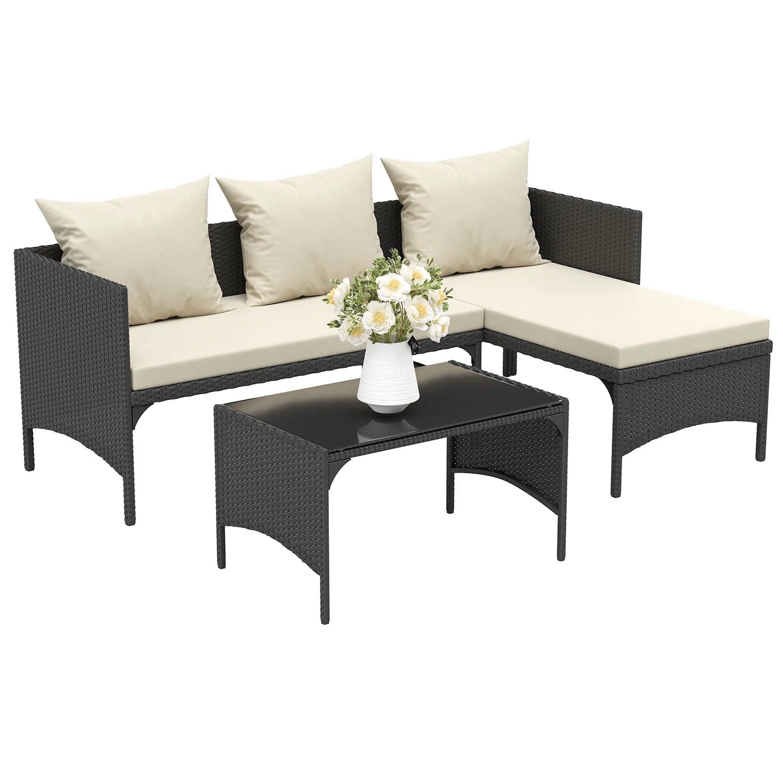 4 Seater Garden Corner Sofa Rattan Furniture Set Patio Outdoor Lounge with Glass Coffee Table