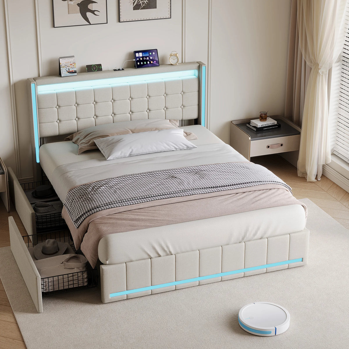 King Size Bed Frame 150x200cm with LED Lighting, 4 Storage Drawers & USB Charging, Dark Grey or Beige