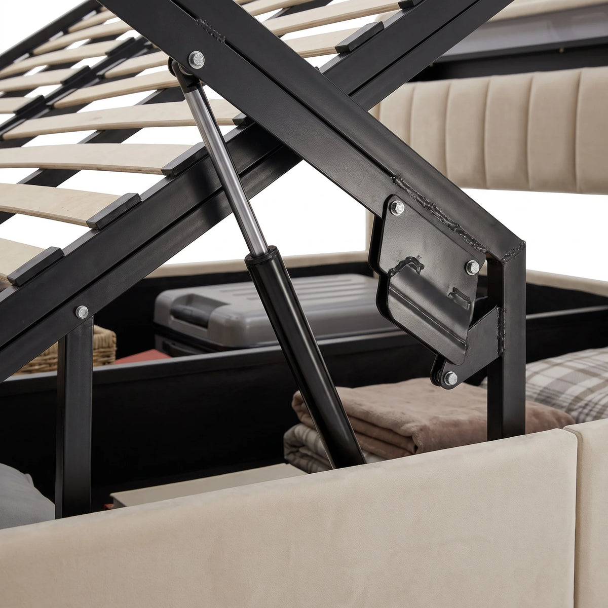 135 x 190cm Double Bed with Velvet Upholstery & Gas-Lift Ottoman Storage, Beige