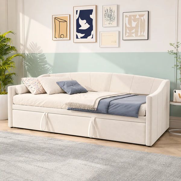 Pull-Out Daybed Sofa Bed 90 x 190cm, Beige Velvet, Guest Bed for Adults & Teens