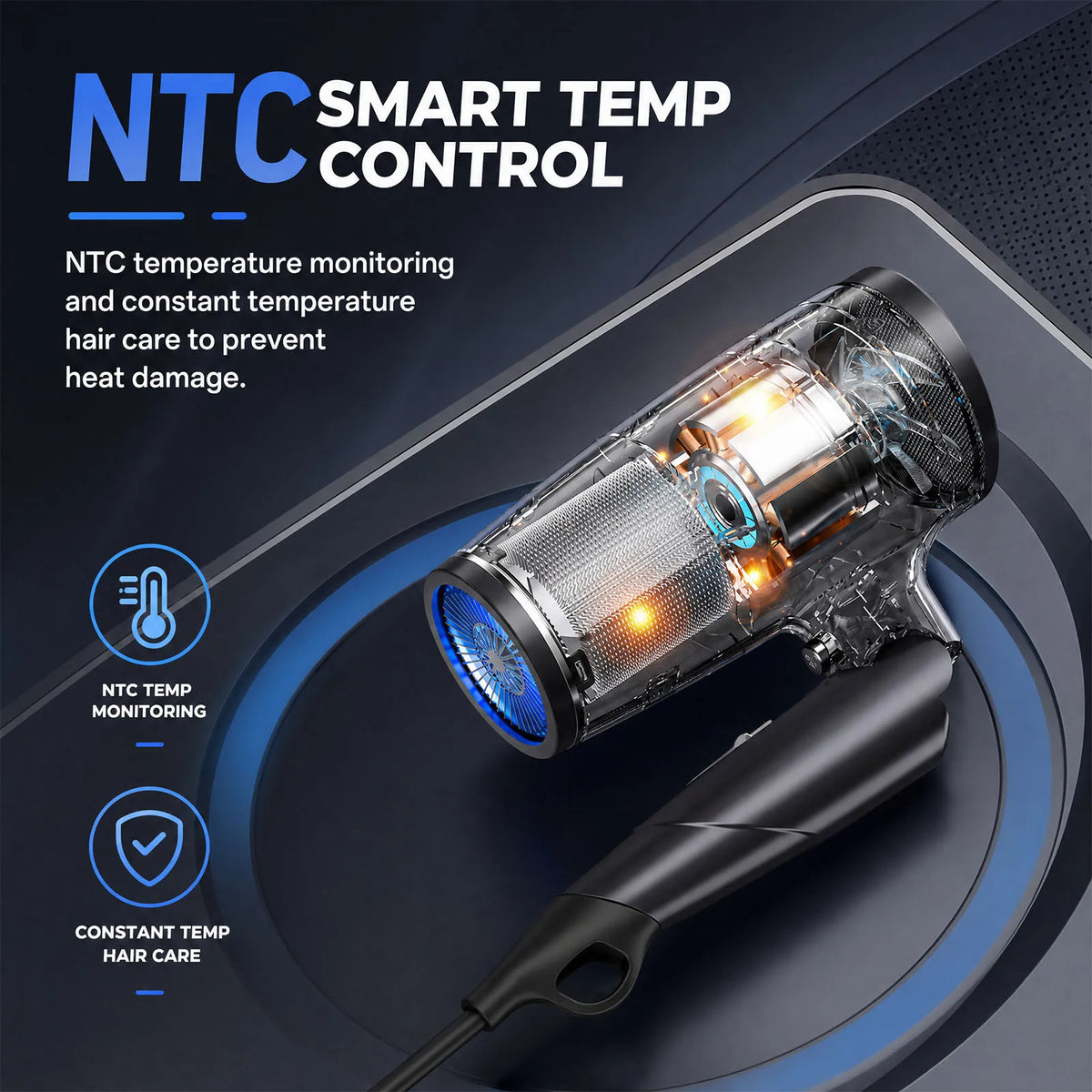 2000W Foldable Hair Dryer with NTC Temperature Control and Cool Shot, Grey