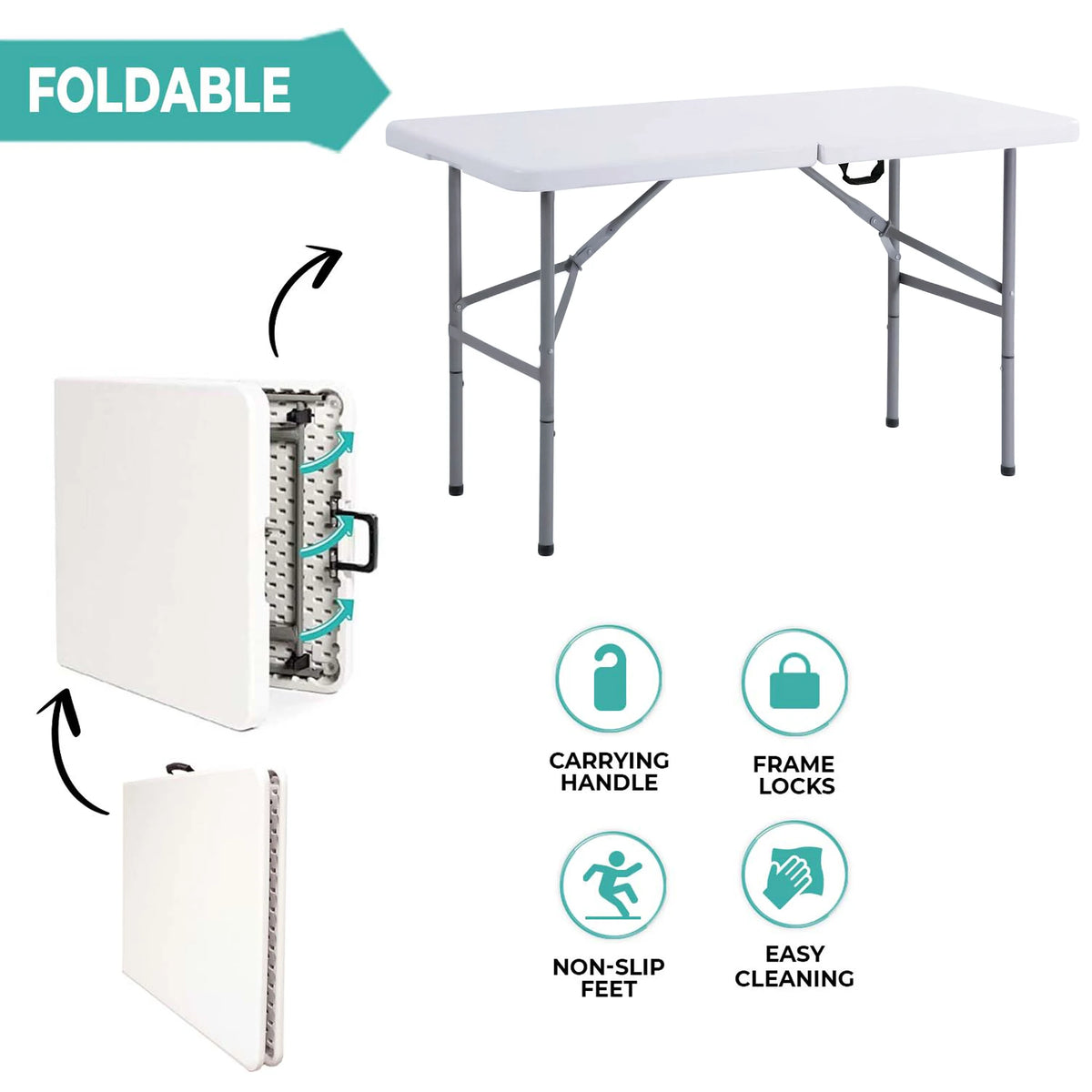 4FT Heavy Duty Folding Table Portable Plastic 150kg Capacity for Camping Garden Party Catering Events