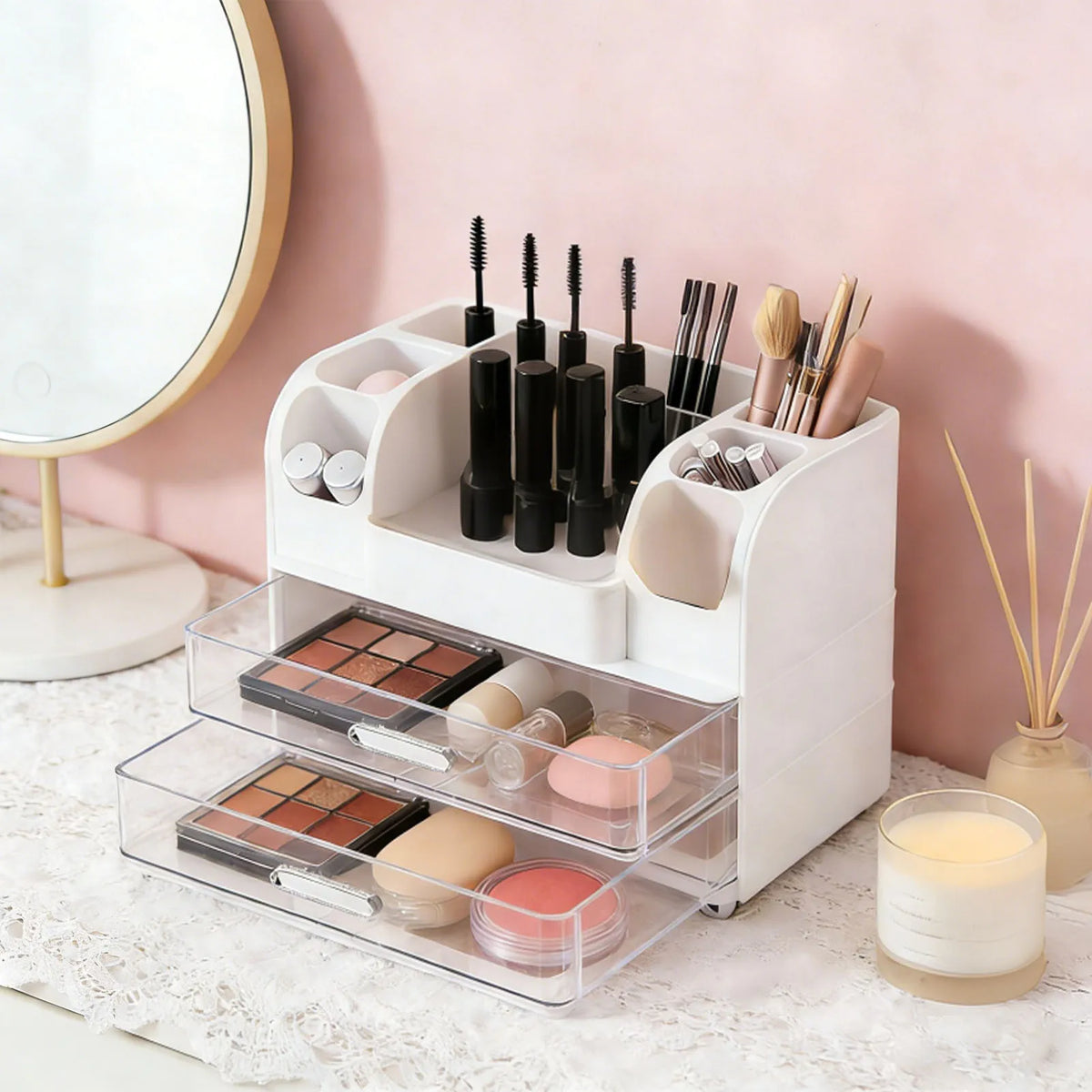 Makeup Organiser with 2 Drawers 34x24x18.5cm Countertop Display Case with 6 Compartments and Brush Holder White