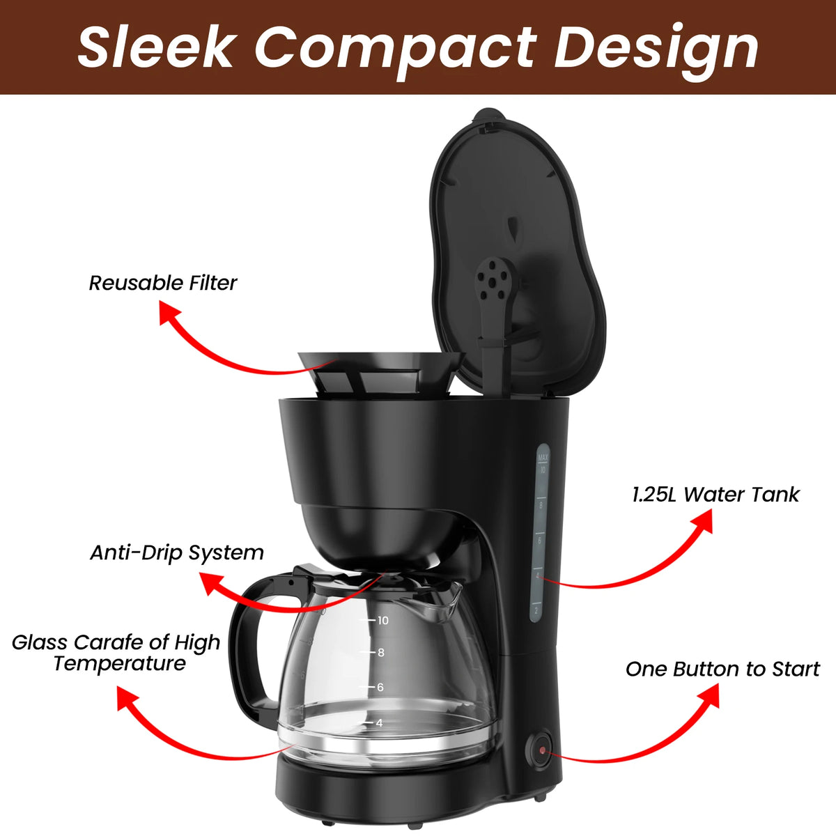 1.25L Electric Drip Coffee Maker 600W American Style with Reusable Filter Anti-Drip Function and Auto Shut-Off for Home Use