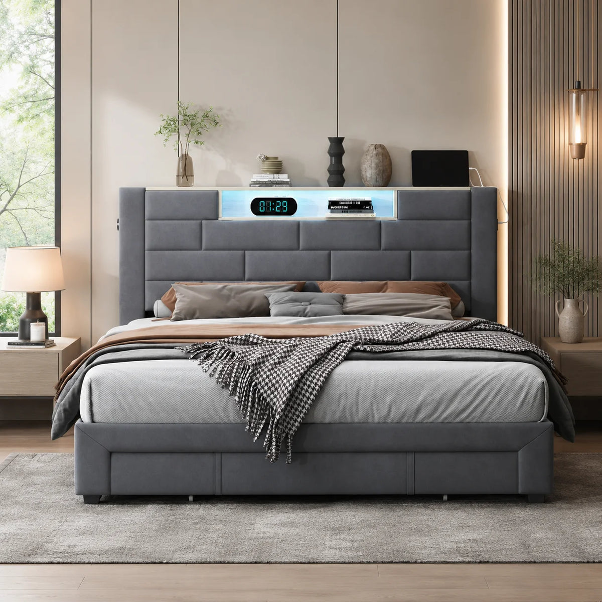 5FT Double Ottoman Bed with 3 Storage Drawers, LED Headboard & USB Charging, Grey Velvet