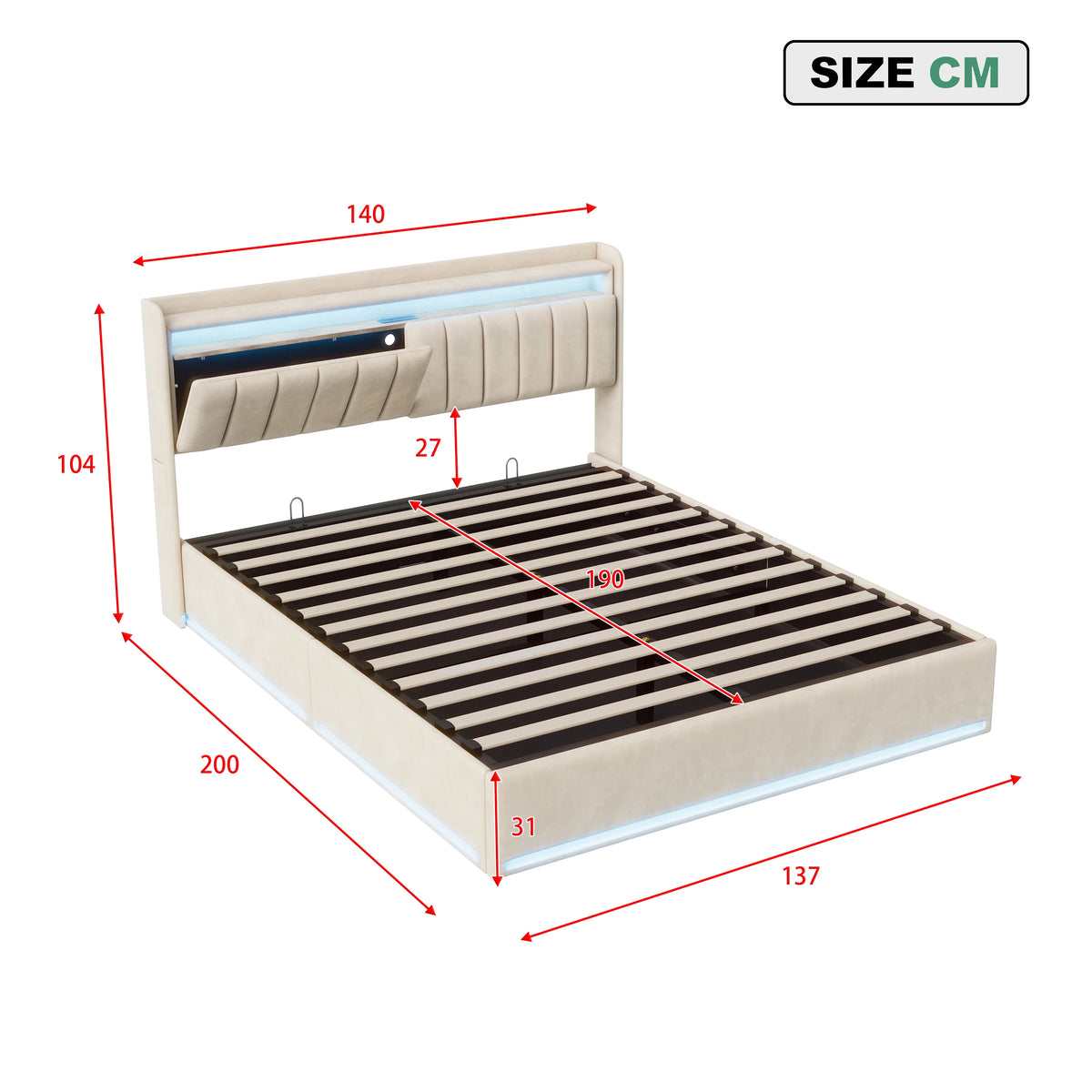 135 x 190cm Double Bed with Velvet Upholstery & Gas-Lift Ottoman Storage, Beige