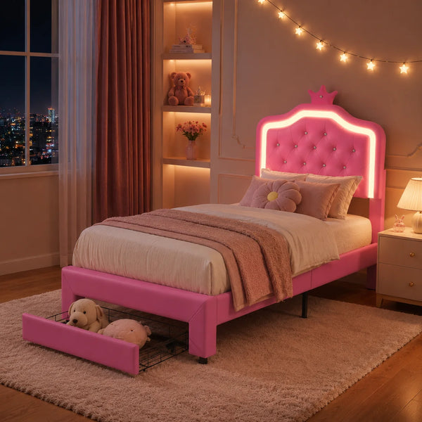3FT Single Bed Frame 90 x 190cm, Pink PU Upholstered Princess Bed with LED Light, Adjustable Crown Headboard & Storage Drawer, Kids Bedroom, Mattress Not Included