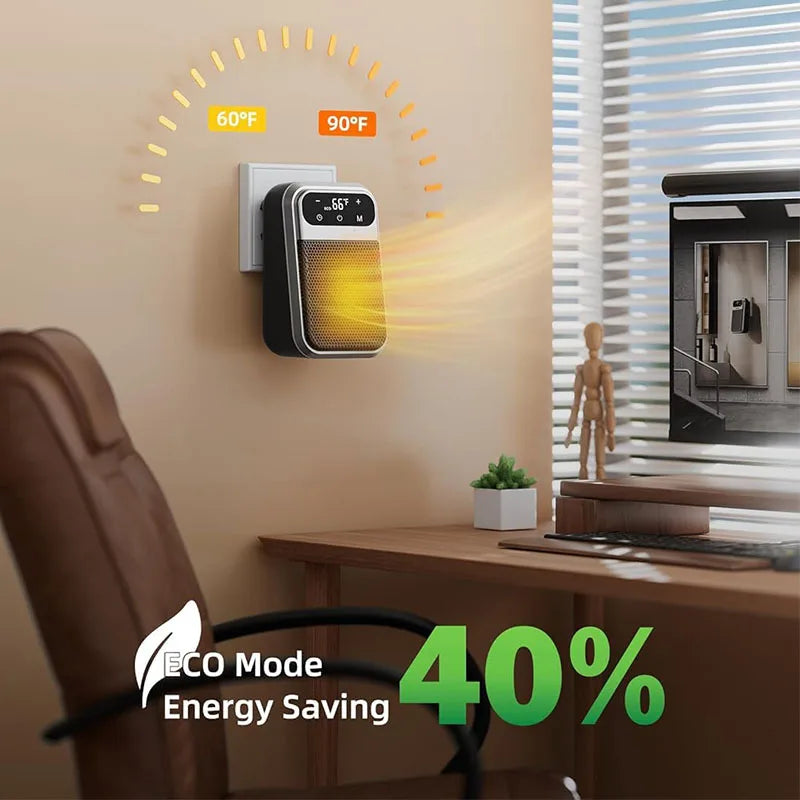 800W Plug-in Ceramic Heater with 12-Hour Timer, Compact Wall Socket Heater
