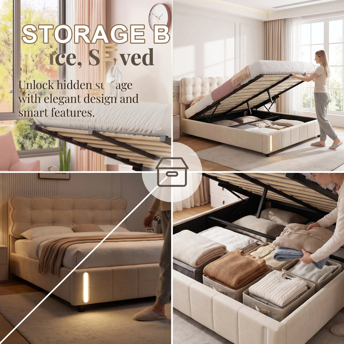 Beige Velvet 135 x 190cm Double Bed, Gas-Lift Storage Bed with Motion-Sensor LED Light, Mattress Not Included