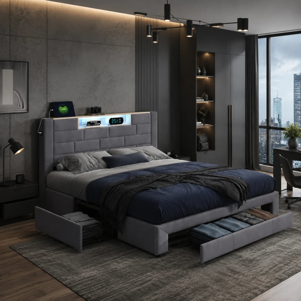 5FT Double Ottoman Bed with 3 Storage Drawers, LED Headboard & USB Charging, Grey Velvet