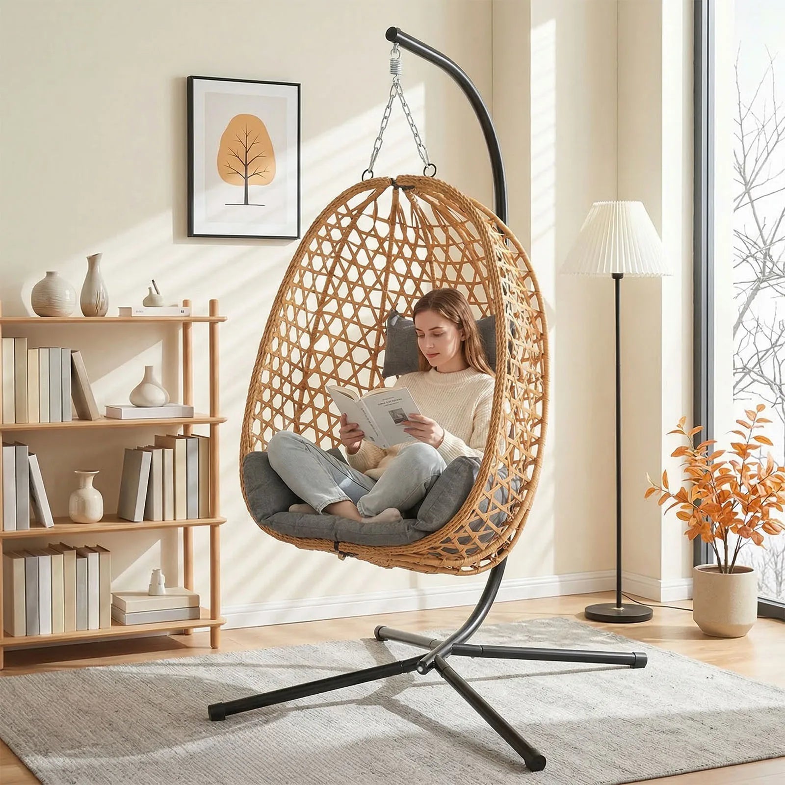 Foldable PE Rattan Egg Chair with Stand, Cushion, Headrest and Lumbar Pillow for Indoor and Outdoor Use