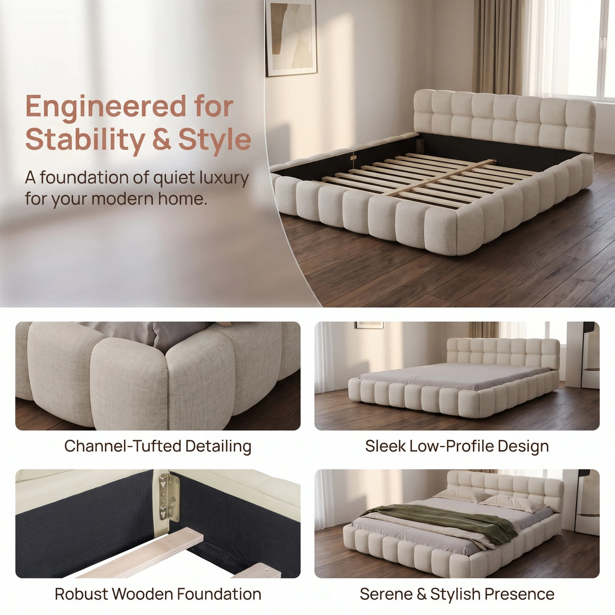 Modern Low Platform Bed Frame with Padded Headboard, Linen Beige – Single, Double & King Sizes