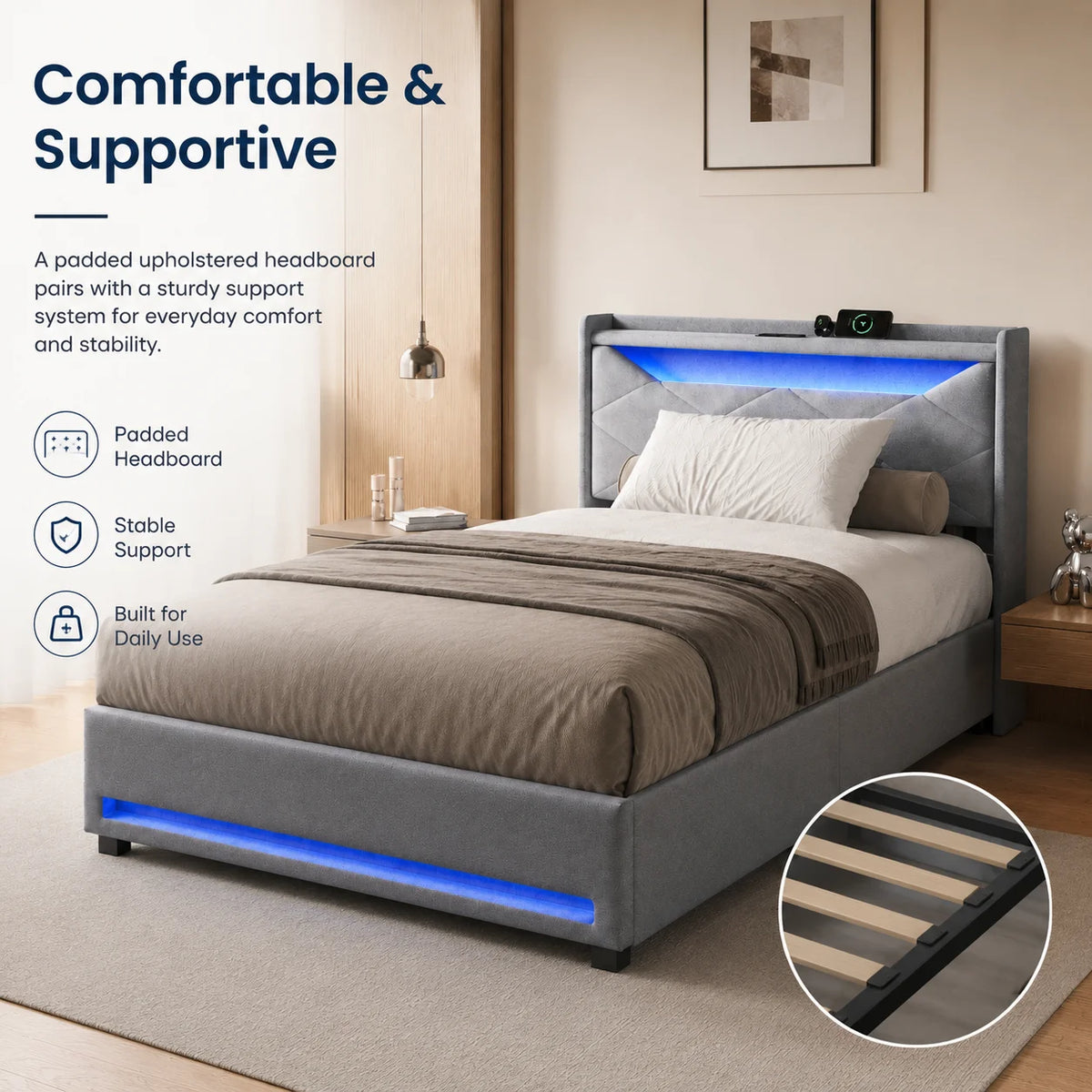 Ottoman Bed Frame with Lift-Up Storage, Grey Linen Upholstered Headboard – Single, Double & King Sizes