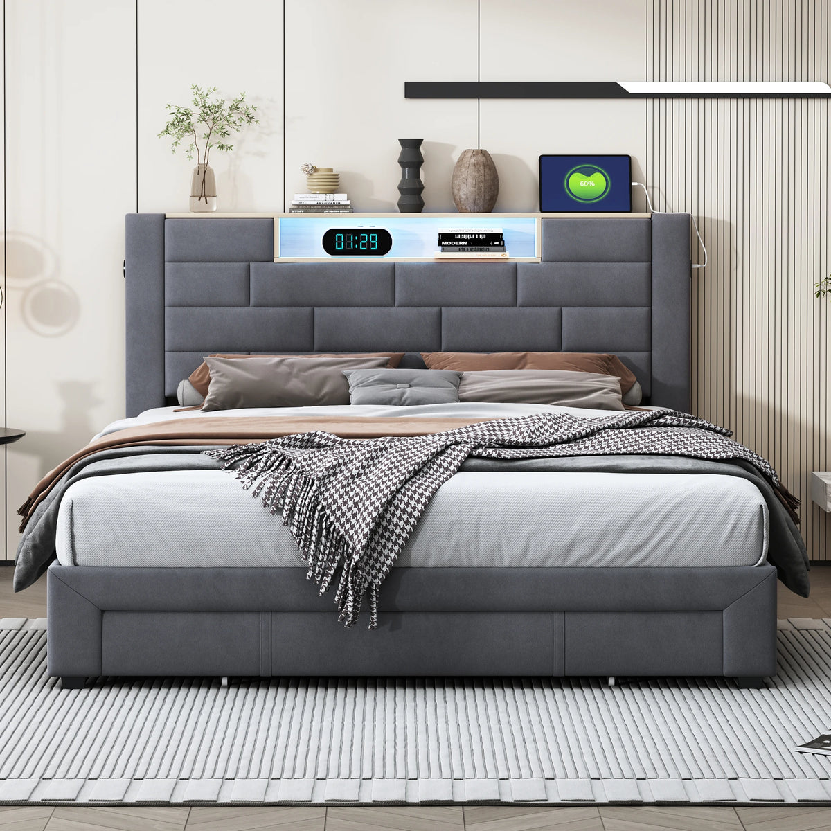 King Size 5ft Bed Frame with 4 Storage Drawers, LED & USB Headboard, Grey Velvet