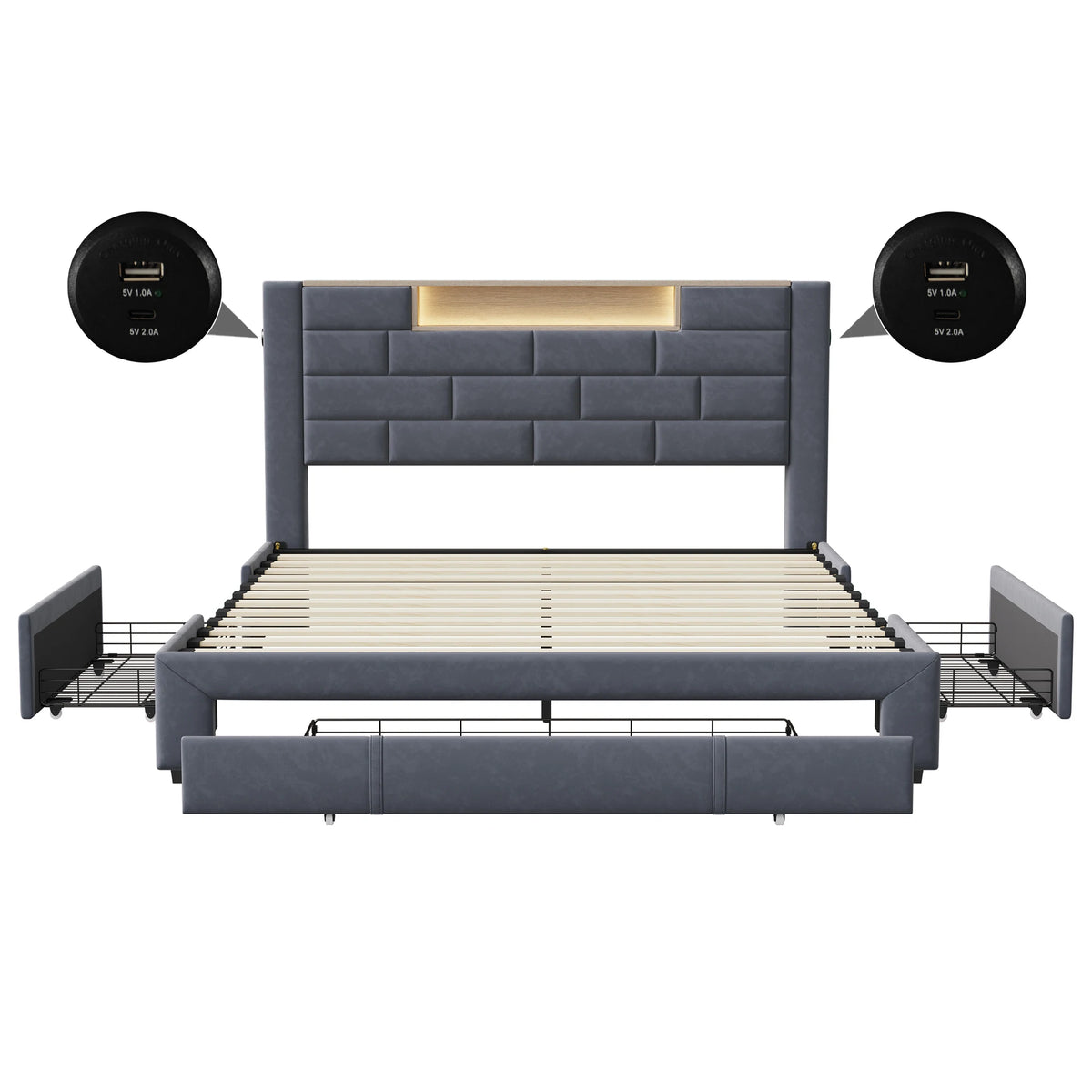 King Size 5ft Bed Frame with 4 Storage Drawers, LED & USB Headboard, Grey Velvet