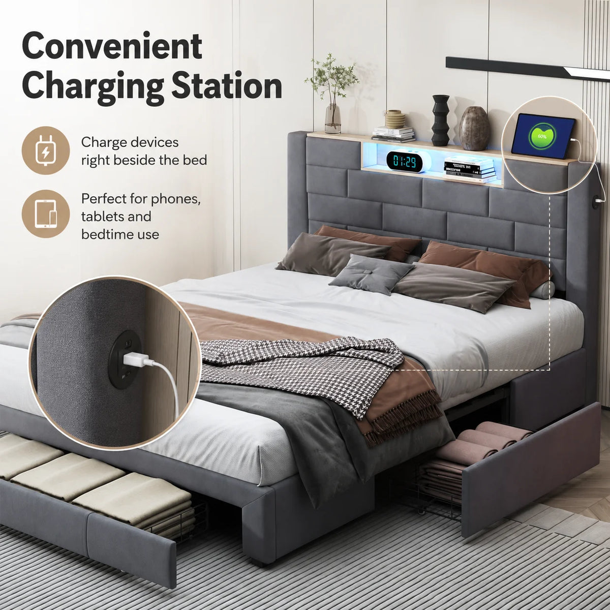 5FT Double Ottoman Bed with 3 Storage Drawers, LED Headboard & USB Charging, Grey Velvet