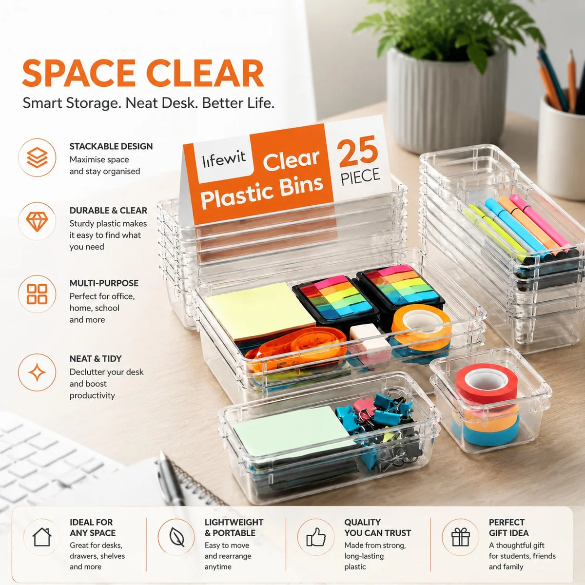 25 Piece Drawer Organiser Set 4 Sizes Stackable ABS Waterproof Trays for Kitchen Bathroom Makeup and Office