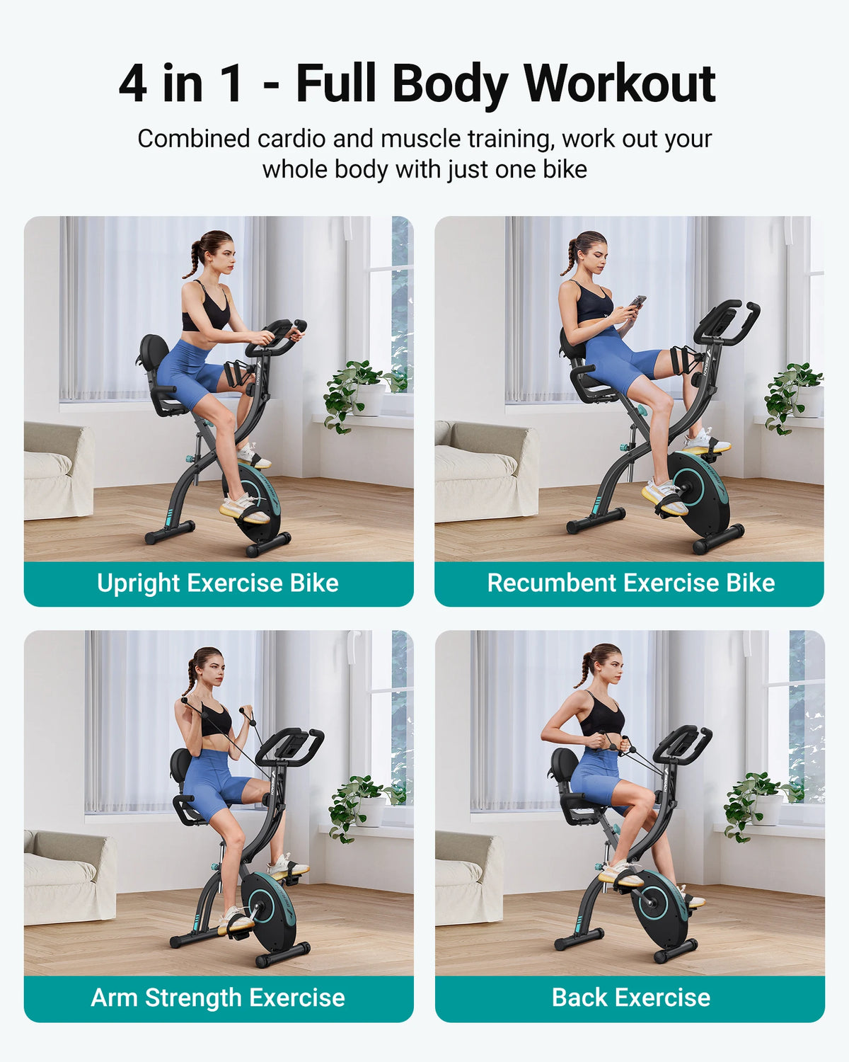 4 in 1 Folding Exercise Bike with Magnetic Resistance – Indoor Stationary Bike Adjustable Seat 300lbs Capacity