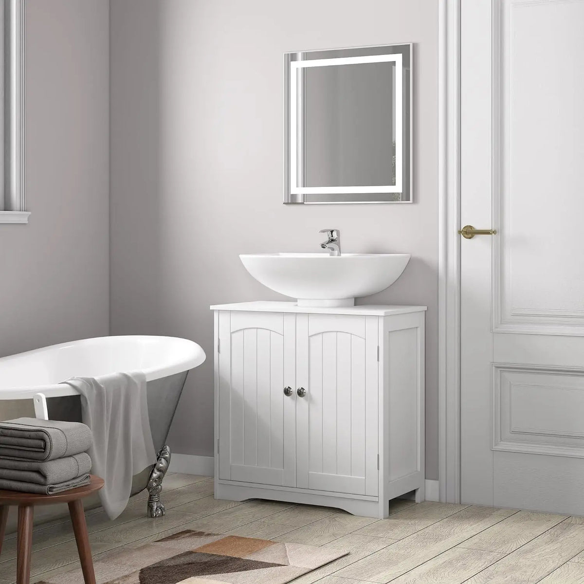 Under Sink Bathroom Cabinet with 2 Doors and Adjustable Shelf | Grey Wooden Basin Cupboard Storage Unit 60cm