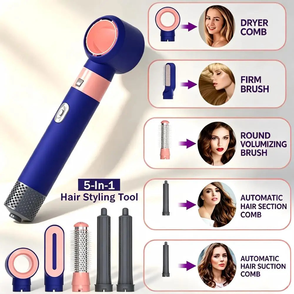 5 in 1 Hot Air Styler with Interchangeable Brush Heads, 3 Heat Settings, UK Plug, Pink