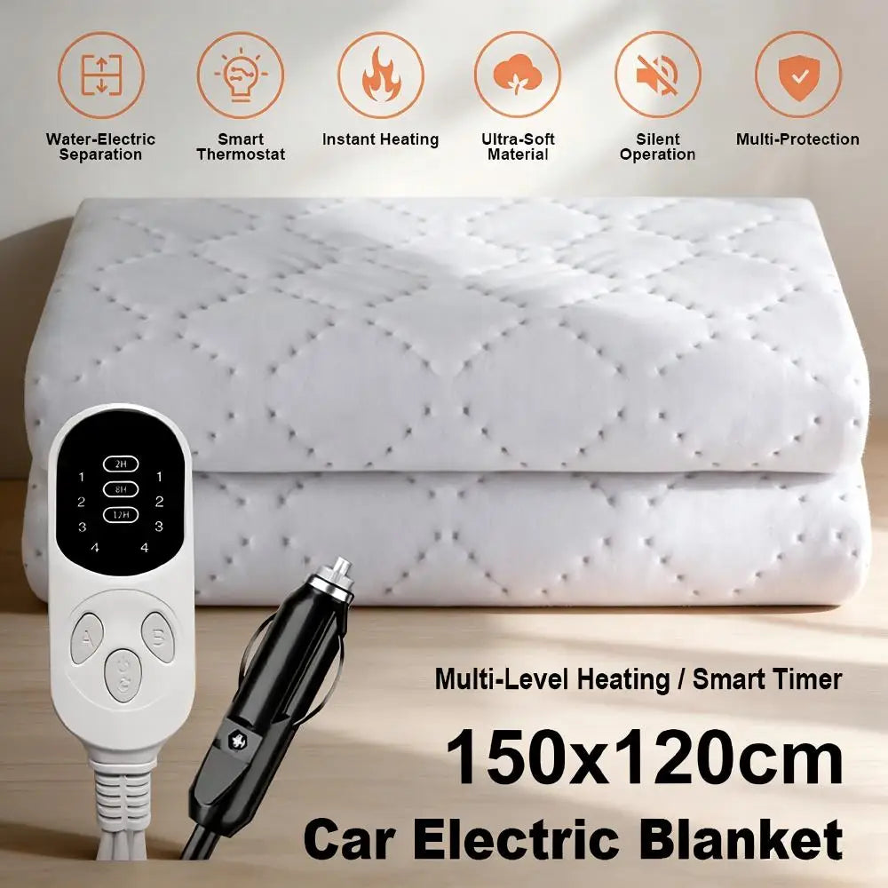 12V Heated Car Blanket 150 x 120cm with Timer, Machine Washable Electric Travel Throw