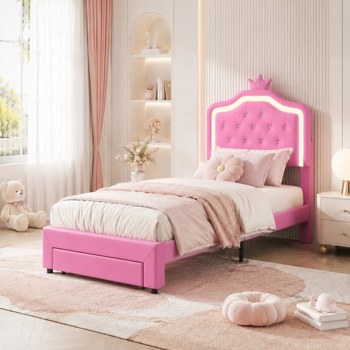 3FT Single Bed Frame 90 x 190cm, Pink PU Upholstered Princess Bed with LED Light, Adjustable Crown Headboard & Storage Drawer, Kids Bedroom, Mattress Not Included