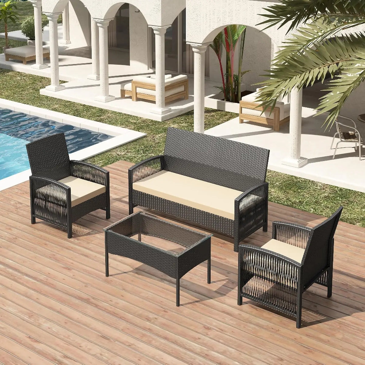 4-Piece Rattan Garden Furniture Set with Loveseat Sofa, Armchairs and Glass Coffee Table