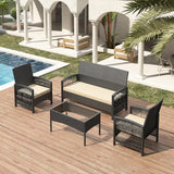 4-Piece Rattan Garden Furniture Set with Loveseat Sofa, Armchairs and Glass Coffee Table