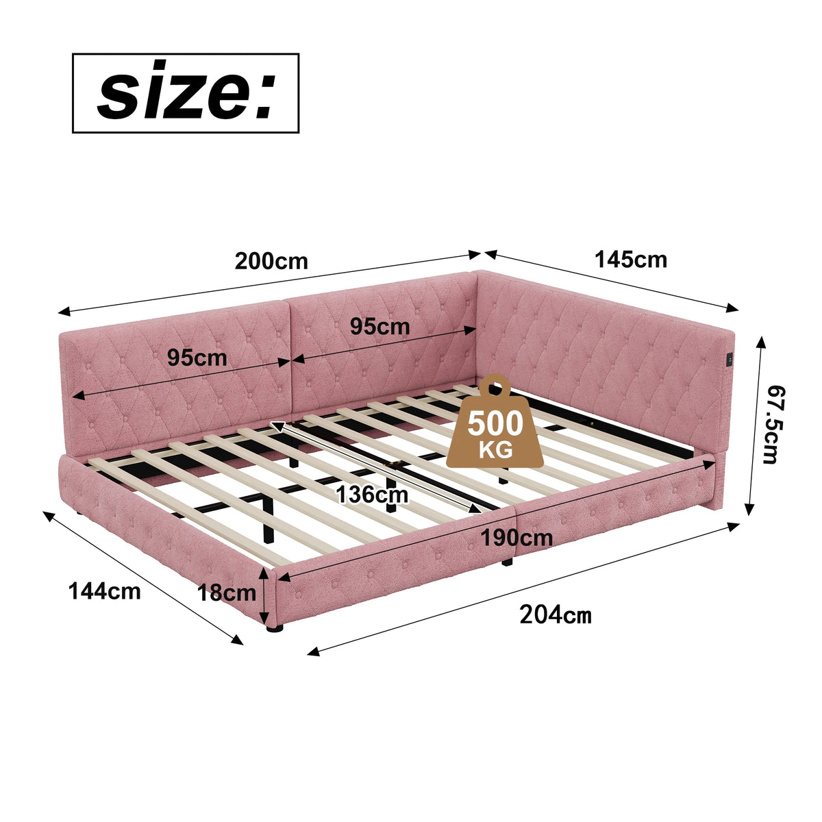 135 x 190cm Upholstered Bed Frame with LED Lighting & USB Charging, Teddy Fleece, Pink or White