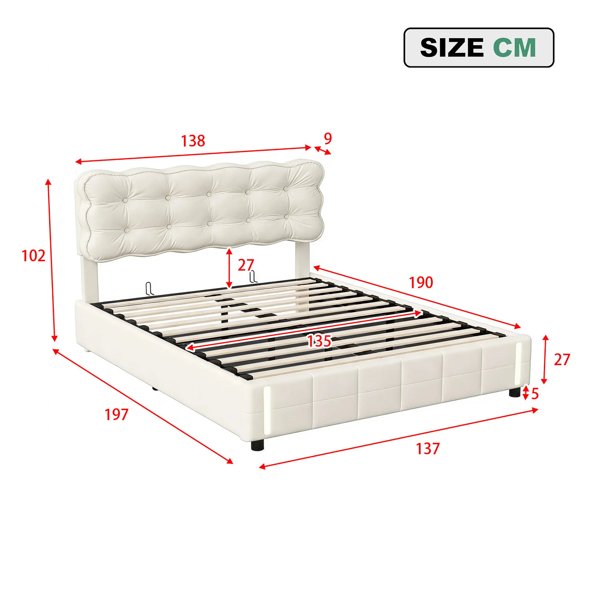 Beige Velvet 135 x 190cm Double Bed, Gas-Lift Storage Bed with Motion-Sensor LED Light, Mattress Not Included