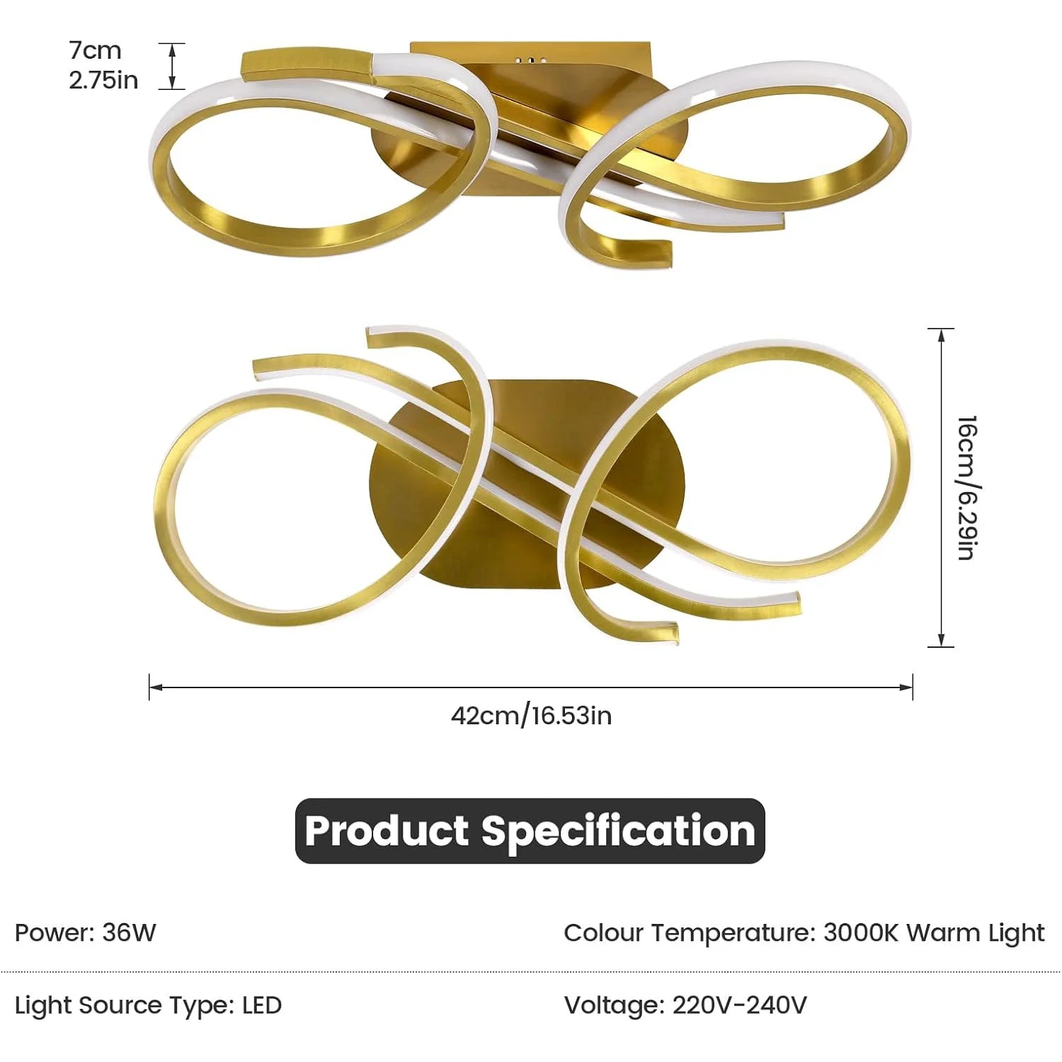 36W Gold LED Ceiling Light 3000K Warm White Acrylic Aluminium Flush Mount for Bedroom Living Room Dining Room