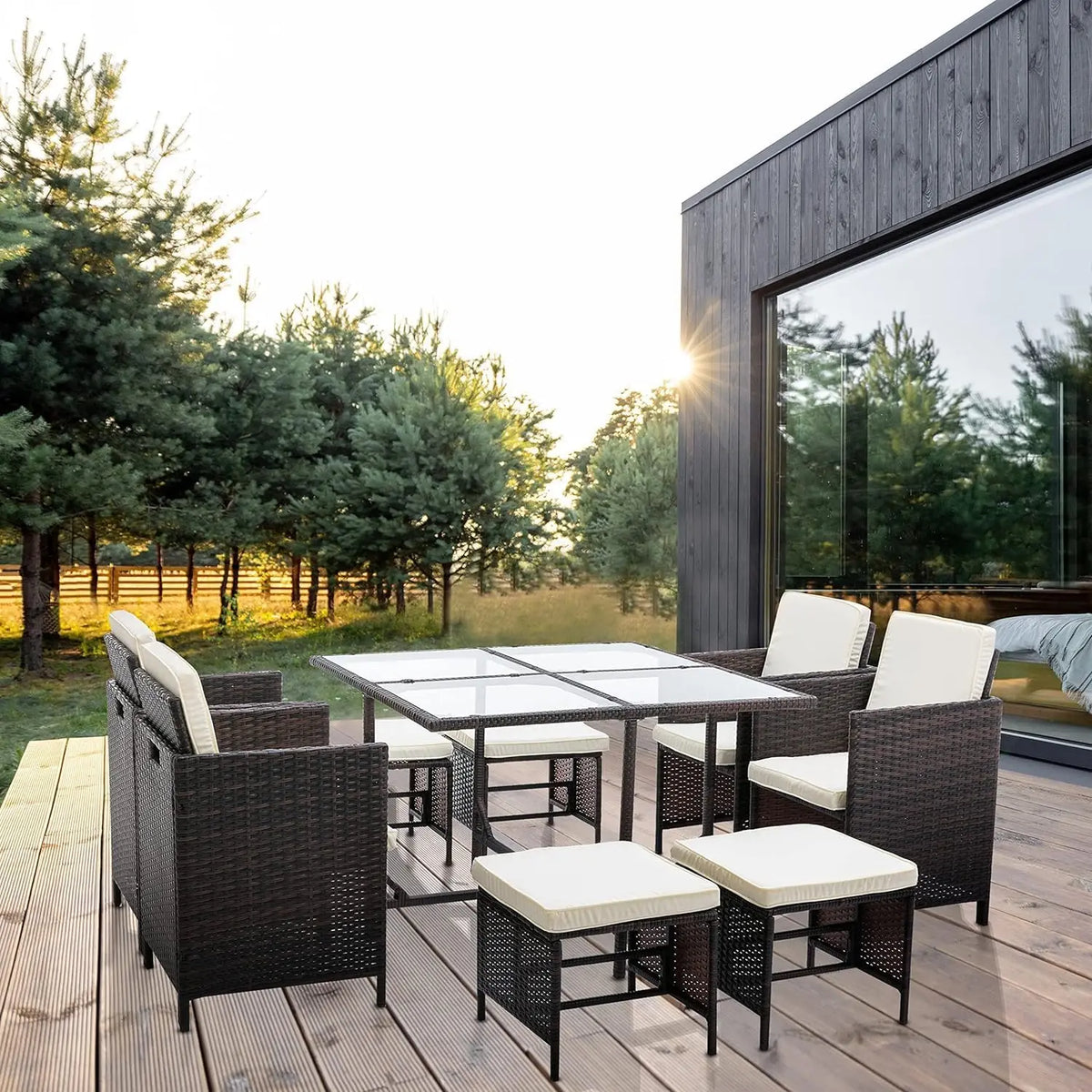 9-Piece Rattan Garden Furniture Set with Glass Table and Cushions - 8 Seater Outdoor Chair and Table Set