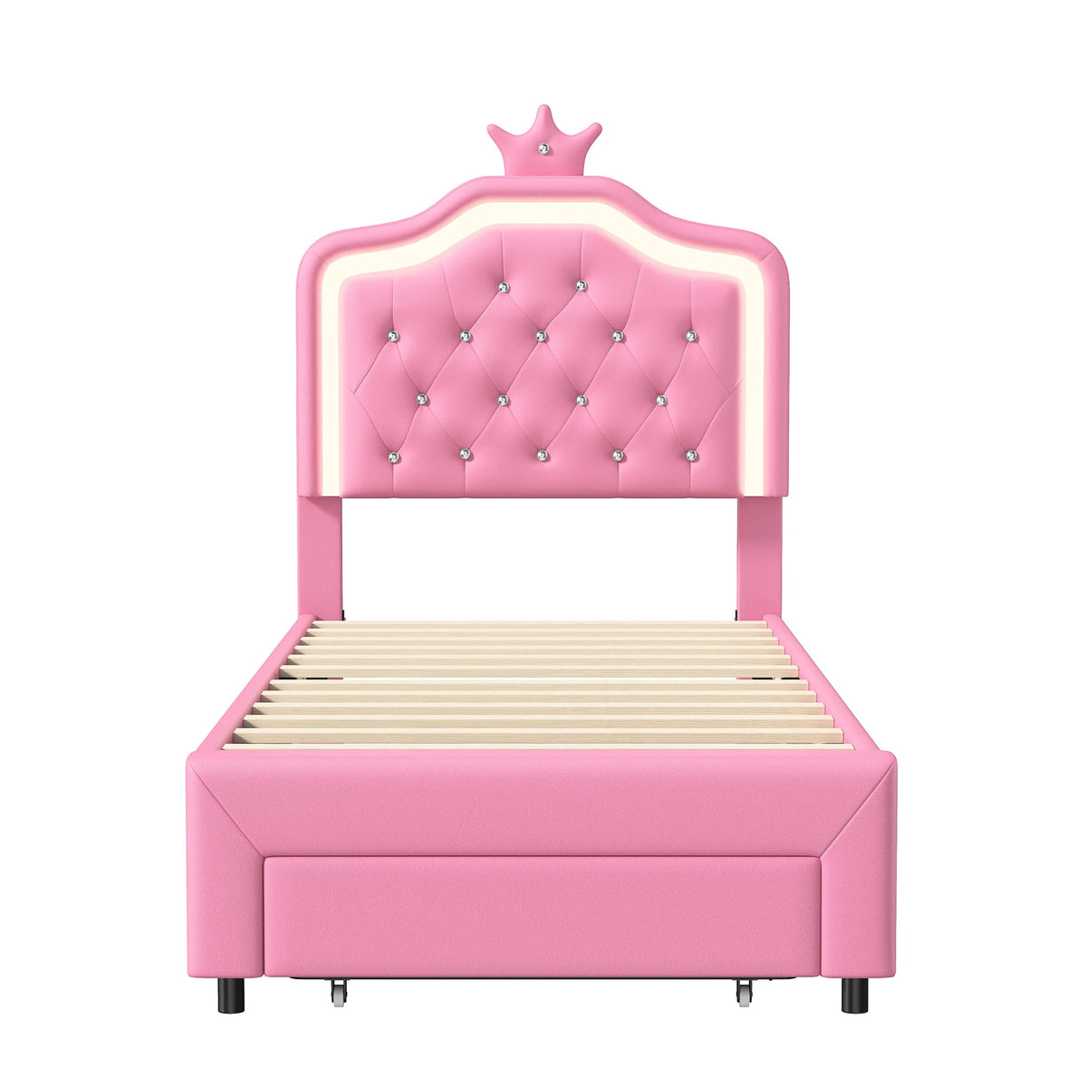 3FT Single Bed Frame 90 x 190cm, Pink PU Upholstered Princess Bed with LED Light, Adjustable Crown Headboard & Storage Drawer, Kids Bedroom, Mattress Not Included